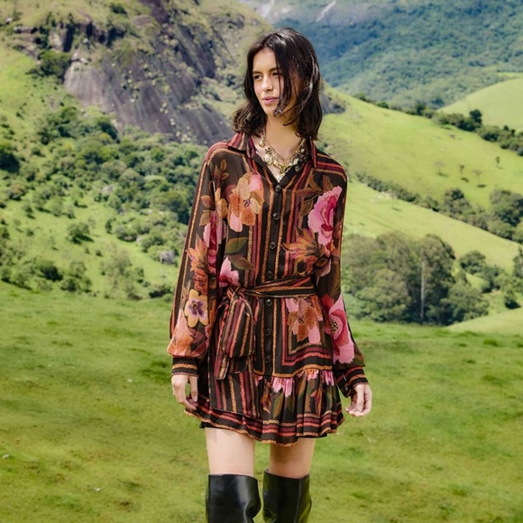 Farm Rio / Anthropologie: Black Chenille Flowers Belted
Long Sleeve Mini Dress - Picture 4 of 14